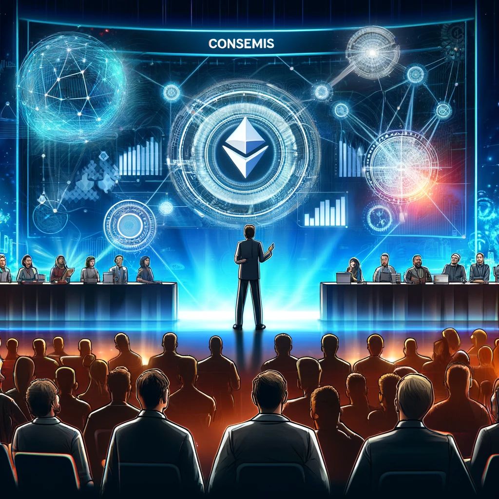 DALLE 2024-09-26 062520 - An energetic illustration showing a group of Web3 startup founders pitching their projects at Consensus 2024 In the foreground a presenter stands wi - innovaTopia