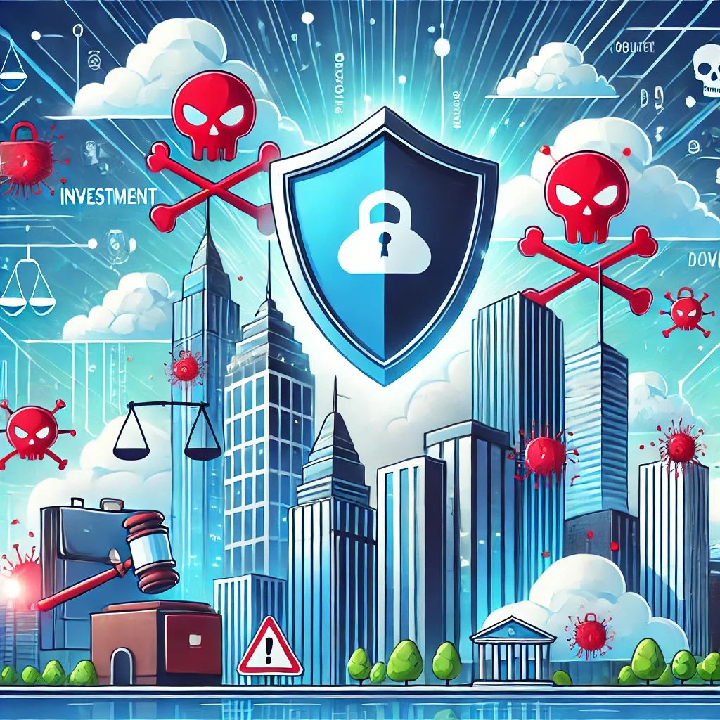 DALLE 2024-10-01 065845 - An illustration of a shield rising over a city skyline symbolizing protection against increasing cyberattacks Around the city digital threats in th - innovaTopia
