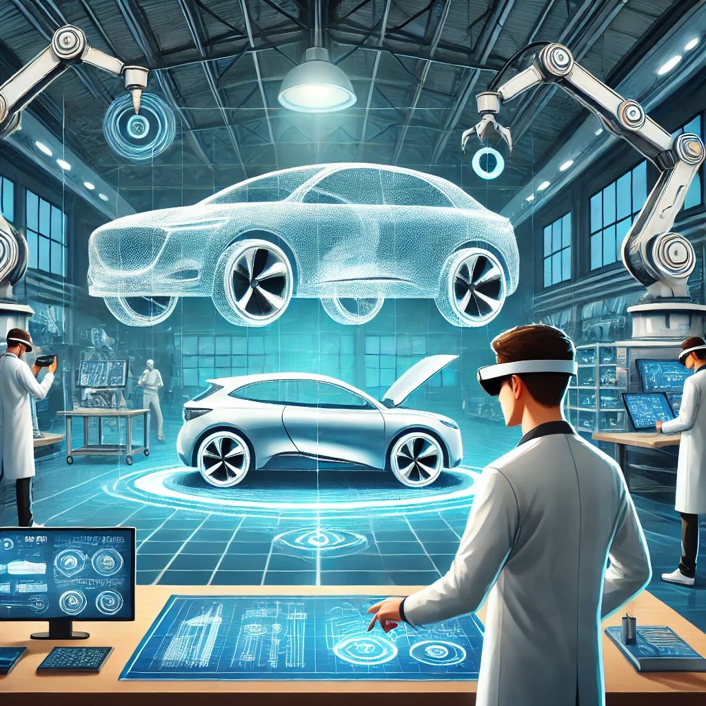 DALLE 2024-10-07 063141 - A futuristic illustration showcasing the integration of XR technology in the automotive industry The scene shows engineers working in a modern design - innovaTopia