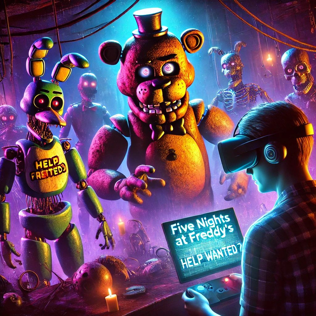 DALLE 2024-10-07 063144 - A vibrant and eerie scene depicting the release of Five Nights At Freddys_ Help Wanted 2 on Meta Quest The image shows a player in a dark dimly l - innovaTopia