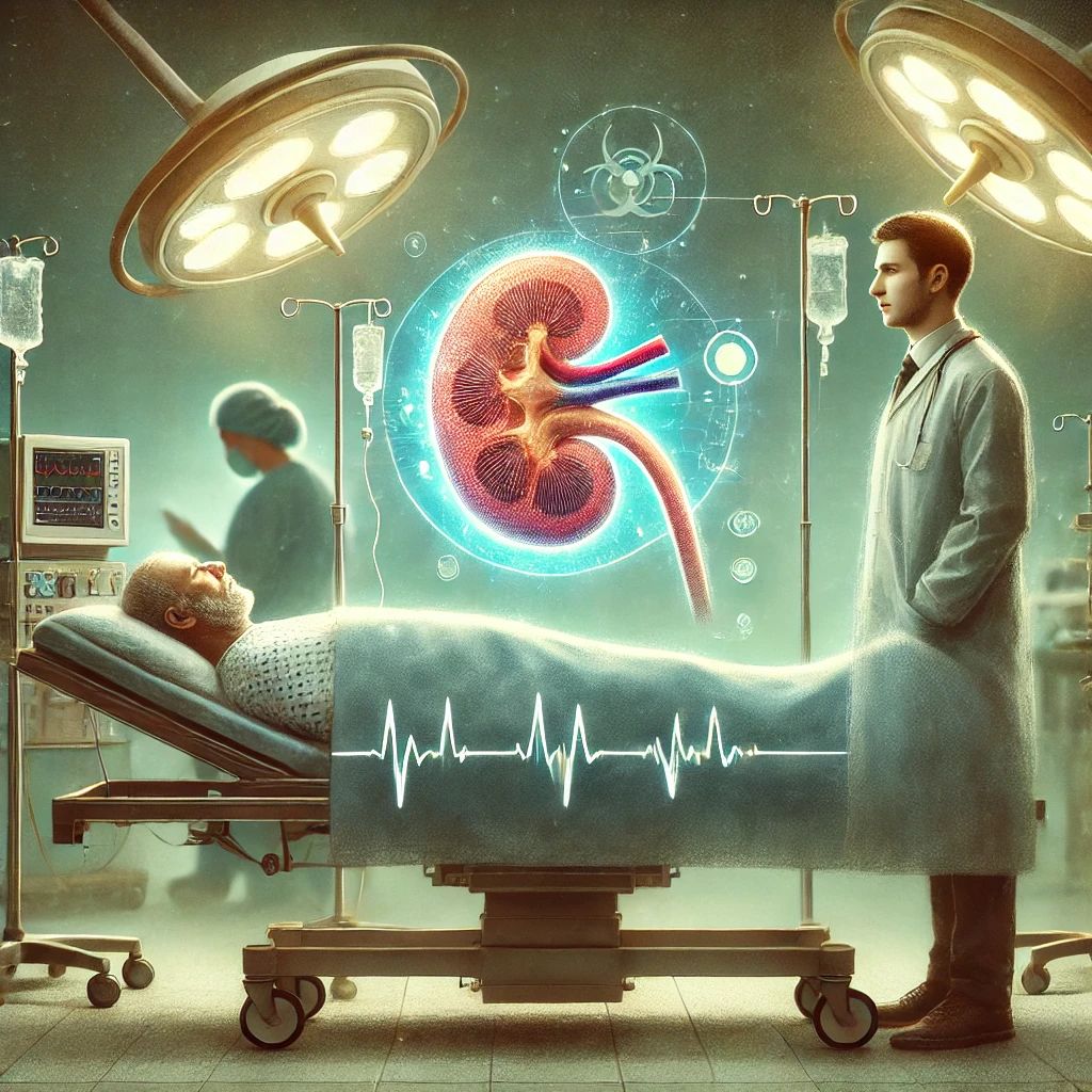 DALLE 2024-10-10 073728 - A somber yet scientific illustration depicting the passing of a man after receiving a genetically modified pig kidney transplant In the foreground a - innovaTopia