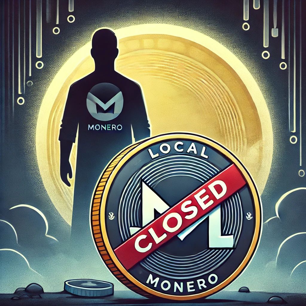 DALLE 2024-10-21 073743 - An illustration showing the closure of LocalMonero and its impact on privacy coin trading The image features a closed sign on a Monero coin with a s - innovaTopia