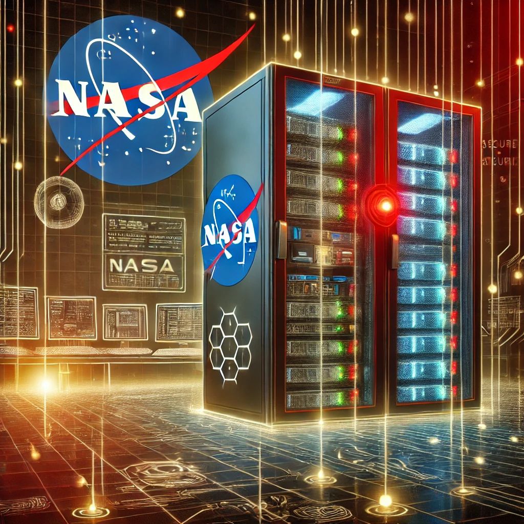 DALLE 2024-10-28 102350 - A high-tech illustration showing NASAs cyber infrastructure with glowing lines representing data connections The foreground shows a secure server ro - innovaTopia