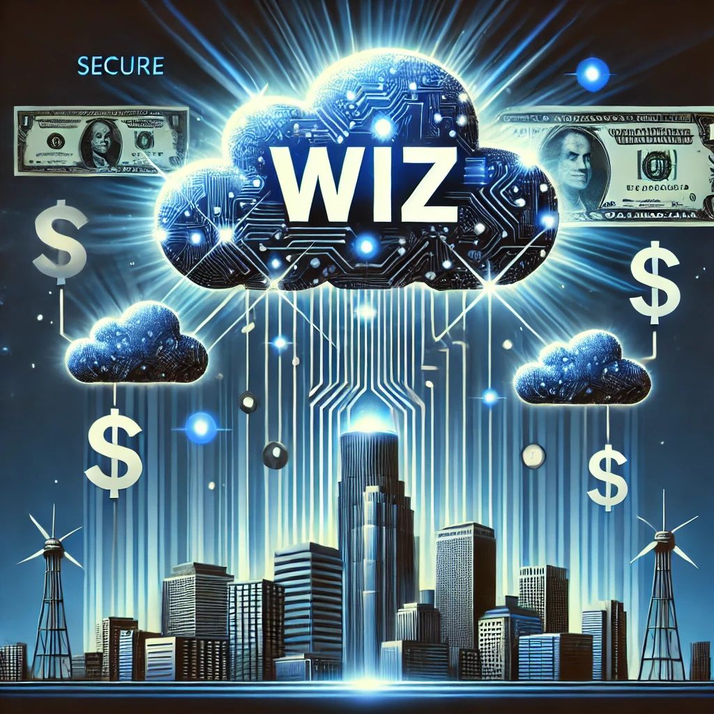 DALLE 2024-10-28 102410 - A striking illustration of a cloud technology titan symbolizing Wiz with cloud icons and dollar symbols floating upward to represent its billion-doll - innovaTopia
