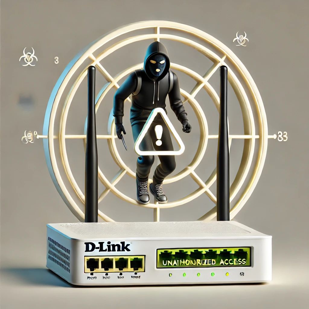 DALLE 2024-10-29 210948 - An image depicting a D-Link router with a warning symbol Unauthorized access concept with a clear visualization of a security vulnerability where a - innovaTopia