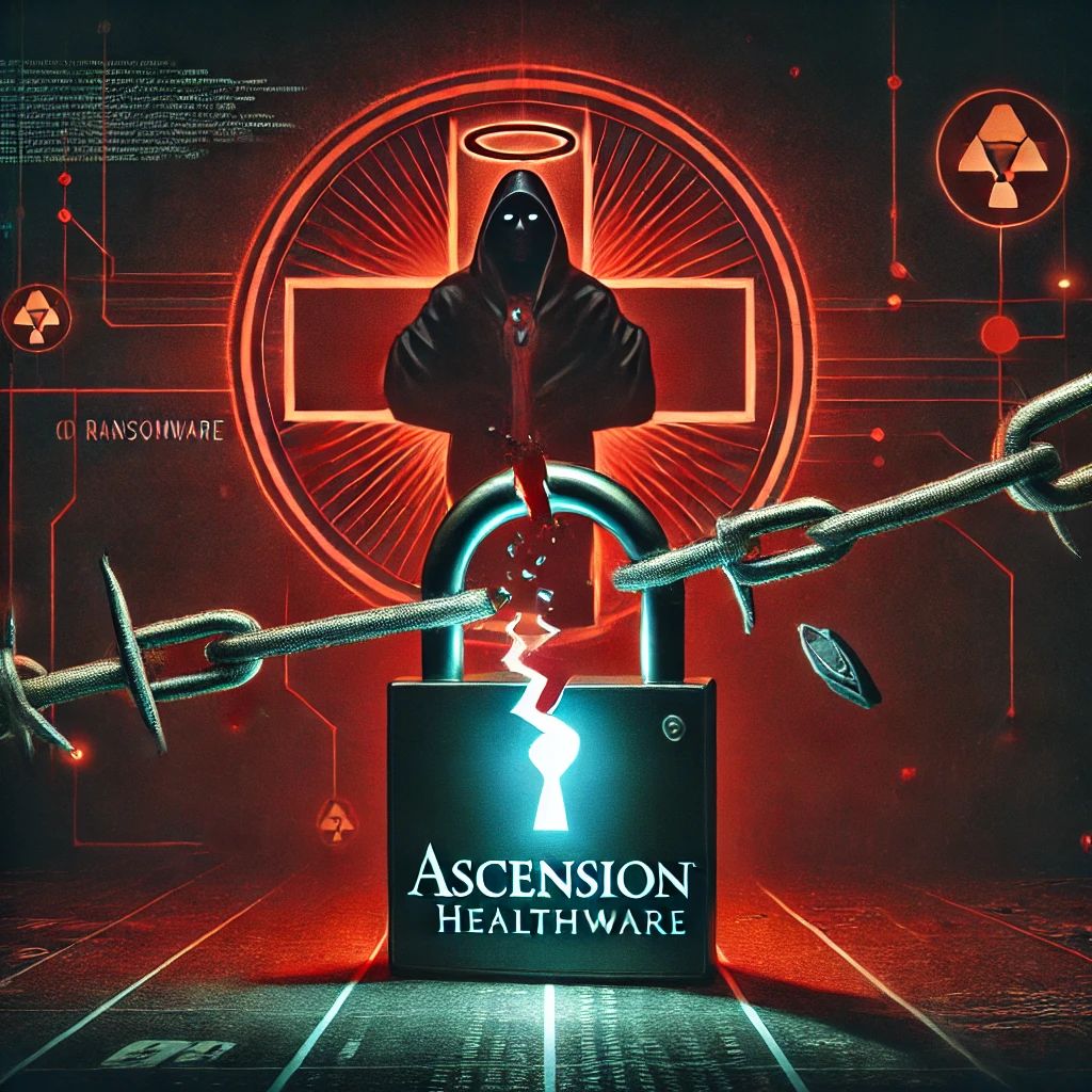 DALLE 2024-10-29 210959 - A tense illustration showing the Ascension Healthcare logo and a digital padlock breaking apart symbolizing a ransomware attack on the healthcare ind - innovaTopia