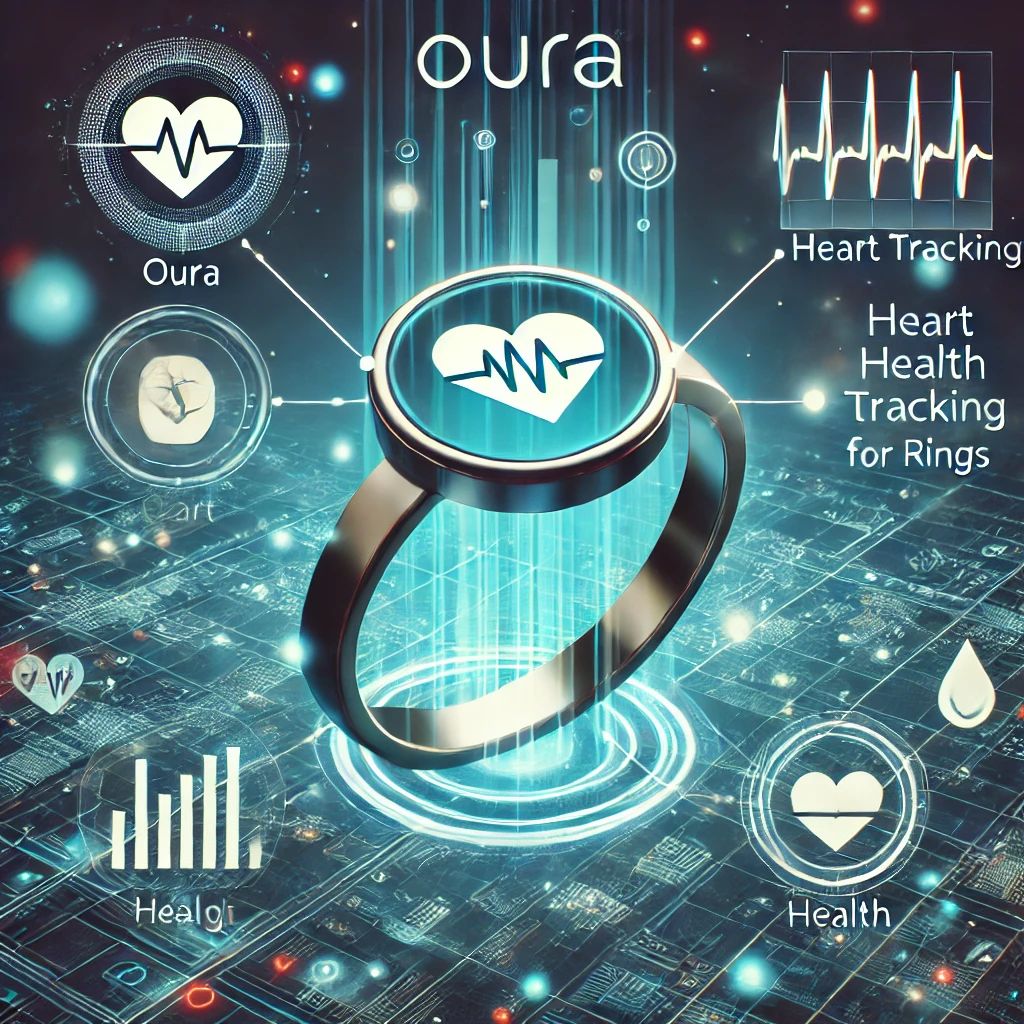 DALLE 2024-10-31 210632 - An innovative illustration showing Ouras heart health tracking feature for rings symbolized by a ring with heart and health icons Depict a futurist - innovaTopia