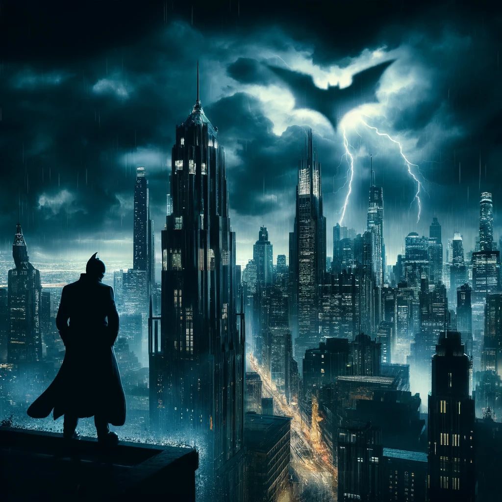 DALLE 2024-06-09 074443 - A dramatic scene in Gotham City at night with dark looming skyscrapers A new ominous threat is rising indicated by sinister shadows creeping acros - innovaTopia