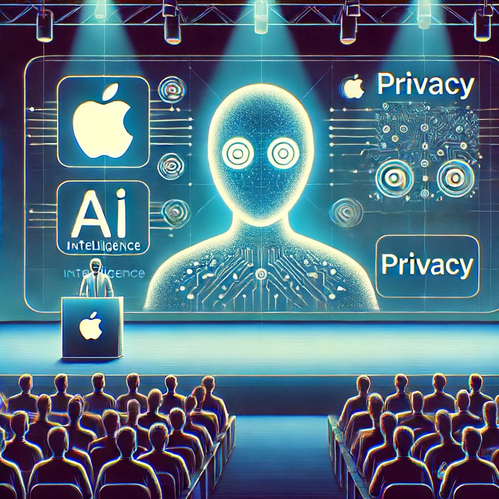 DALLE 2024-06-15 041244 - An illustration depicting Apple announcing a privacy-focused new AI system Apple Intelligence at a developer conference with AI symbols and privacy - innovaTopia