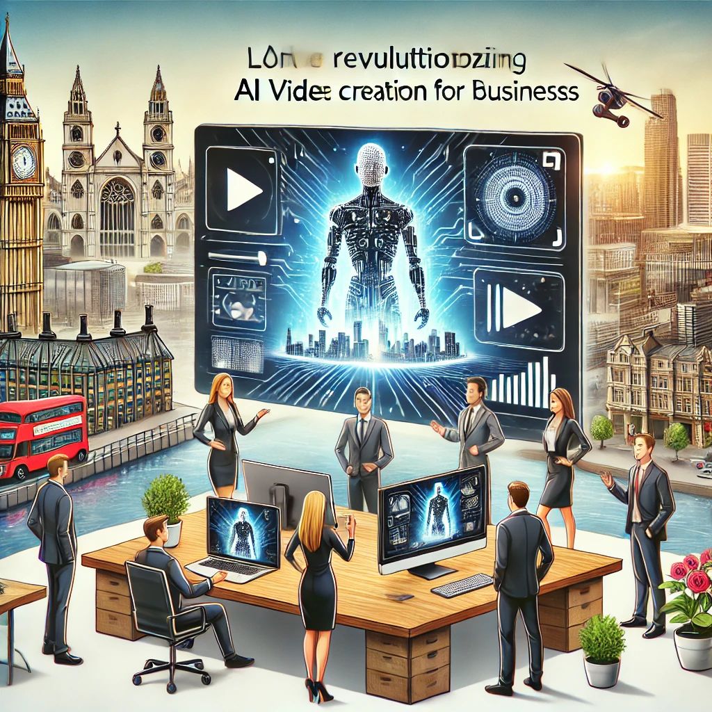 DALLE 2024-06-25 114324 - An illustration depicting a London-based startup Synthesia revolutionizing AI video creation for businesses The image should show a futuristic offi - innovaTopia