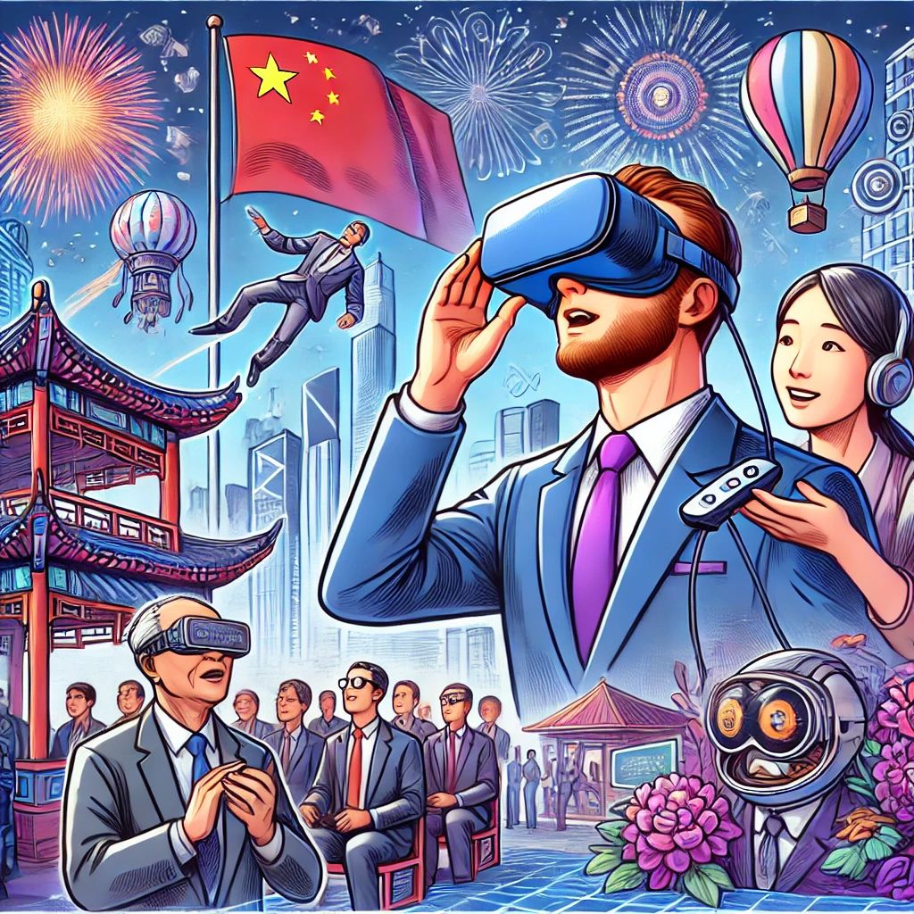 DALLE 2024-06-26 124108 - Illustration showing Chinas Play For Dream announcing an innovative VR headset MR highlighting high performance and low cost - innovaTopia