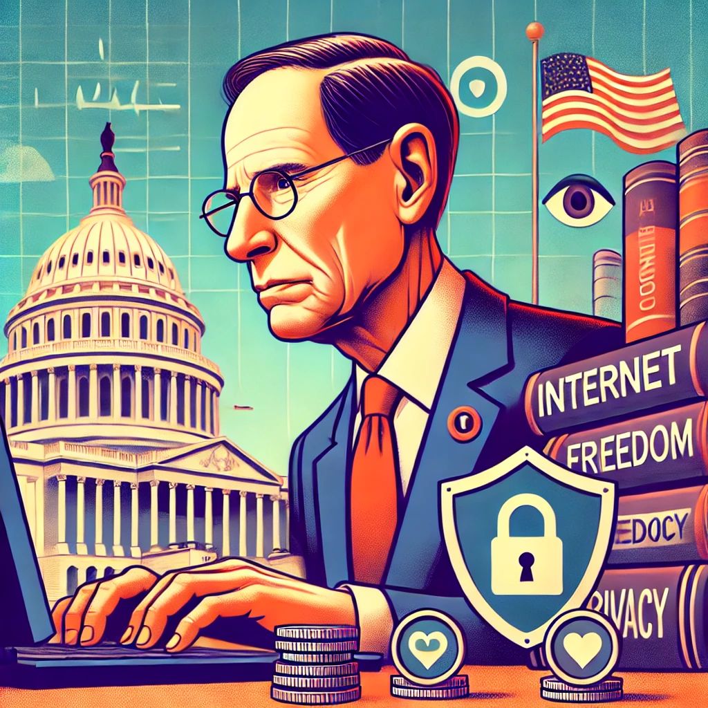 DALLE 2024-06-26 201329 - Illustration showing Senator Ron Wyden focusing on internet freedom and privacy protection - innovaTopia