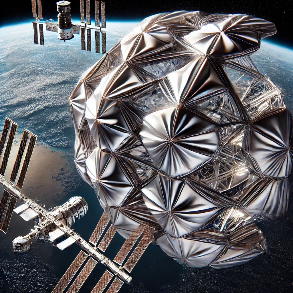 DALLE 2024-07-29 065704 - A futuristic space habitat unfolding in orbit inspired by 17th-century origami techniques The habitat is partially expanded revealing a rigid struc - innovaTopia