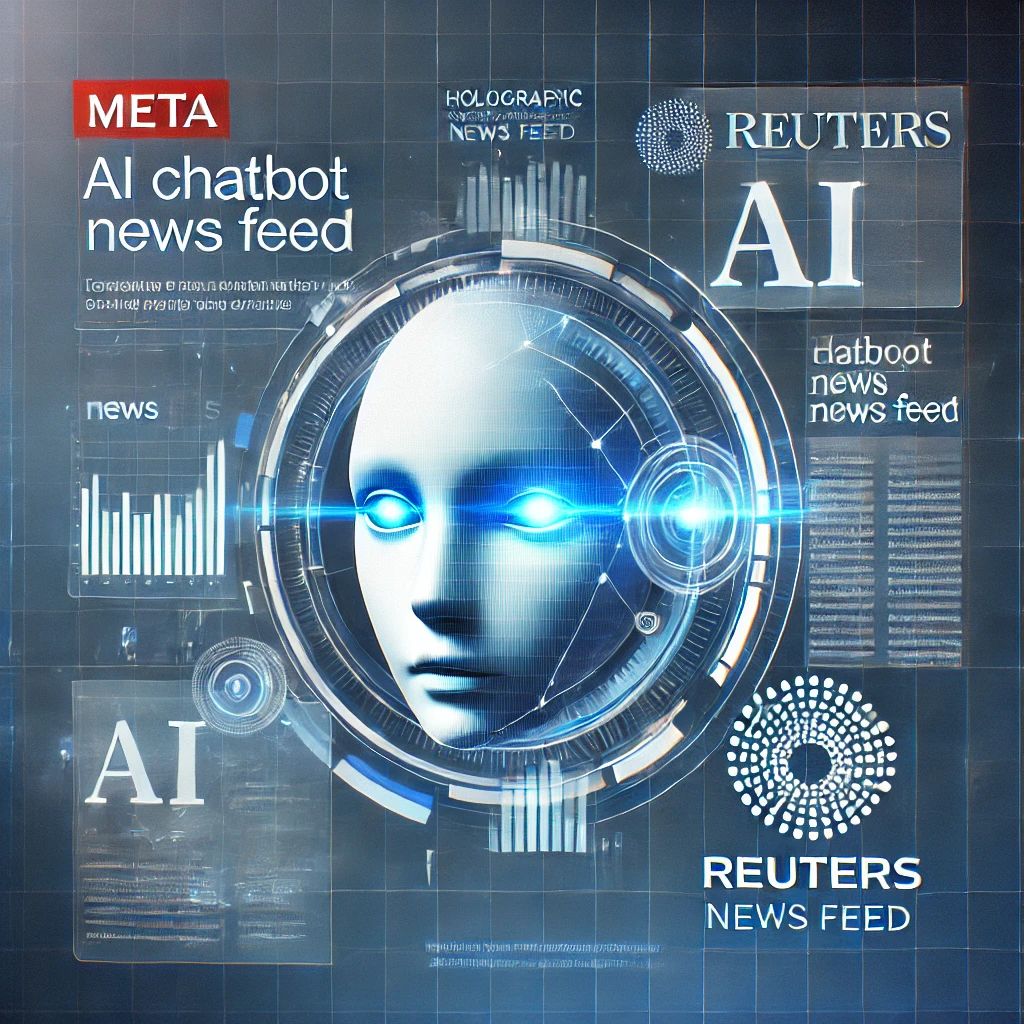 DALLE 2024-10-28 072919 - A futuristic AI chatbot interface merging with a Reuters news feed with a sophisticated design in blue and white Holographic news articles float wit - innovaTopia