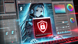 "Create a dramatic illustration showing a sleek AI image editing interface being blocked by a red warning shield with Windows Defender logo. Include a small trojan horse icon in the corner. Use a modern, tech-aesthetic style with blue and red color scheme. Make it look professional and slightly ominous." - innovaTopia - （イノベトピア）