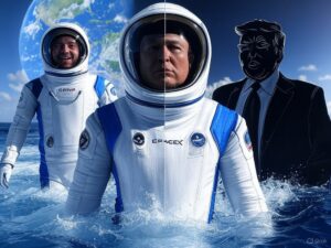 A digital illustration showing a SpaceX Crew Dragon capsule splashing down in ocean waters with Earth visible in background. Split composition with one half showing astronauts returning safely, the other half showing political figures (stylized silhouettes of Trump and Musk) engaged in debate. Clean, modern tech aesthetic with blue and white NASA colors. No text. Photorealistic style. - innovaTopia - （イノベトピア）