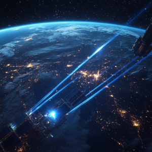 A futuristic quantum microsatellite in Earth orbit, transmitting quantum-encrypted data visualized as blue light beams between Beijing, China and Stellenbosch, South Africa. The satellite is compact and high-tech with solar panels. Show the Earth below with Asia and Africa visible. Photorealistic, detailed, dramatic lighting, space technology, 8K resolution. - innovaTopia - （イノベトピア）