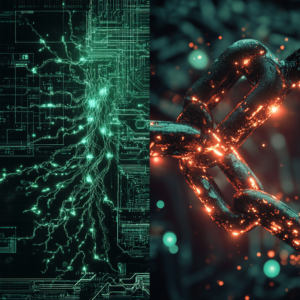 A split image comparing two distinct Android malware concepts: Left side depicts 'Triada' as shadowy, root-like tendrils subtly infiltrating a smartphone's core system from within, glowing faintly green, suggesting older, deep system compromise. Right side depicts 'Shibai' as a broken digital chain link on a circuit board background, with cryptocurrency symbols (Bitcoin, Ethereum) glitching and draining away through the break, glowing red, symbolizing a supply chain break and cryptoclipper theft. Overall style: Cyberpunk, technical schematic overlay, dark blue and contrasting red/green glows, sense of hidden digital threat, cinematic lighting --ar 16:9 --style raw - innovaTopia - （イノベトピア）