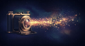 A fantastical and beautiful digital painting. In the center is a jewel-like 19th-century Daguerreotype camera, rendered with intricate and elegant details. The camera's lens is drawing in a swirling nebula of glowing light particles and stars. The light passes through the camera and emerges from the other side, transformed into a flowing ribbon of luminous, square lights that resemble digital pixels or a hologram. This visually represents the beautiful evolution from analog to digital. The background is a deep indigo or near-black cosmic space, which makes the glowing elements stand out dramatically. The overall mood is magical, magnificent, and elegant. - innovaTopia - （イノベトピア）