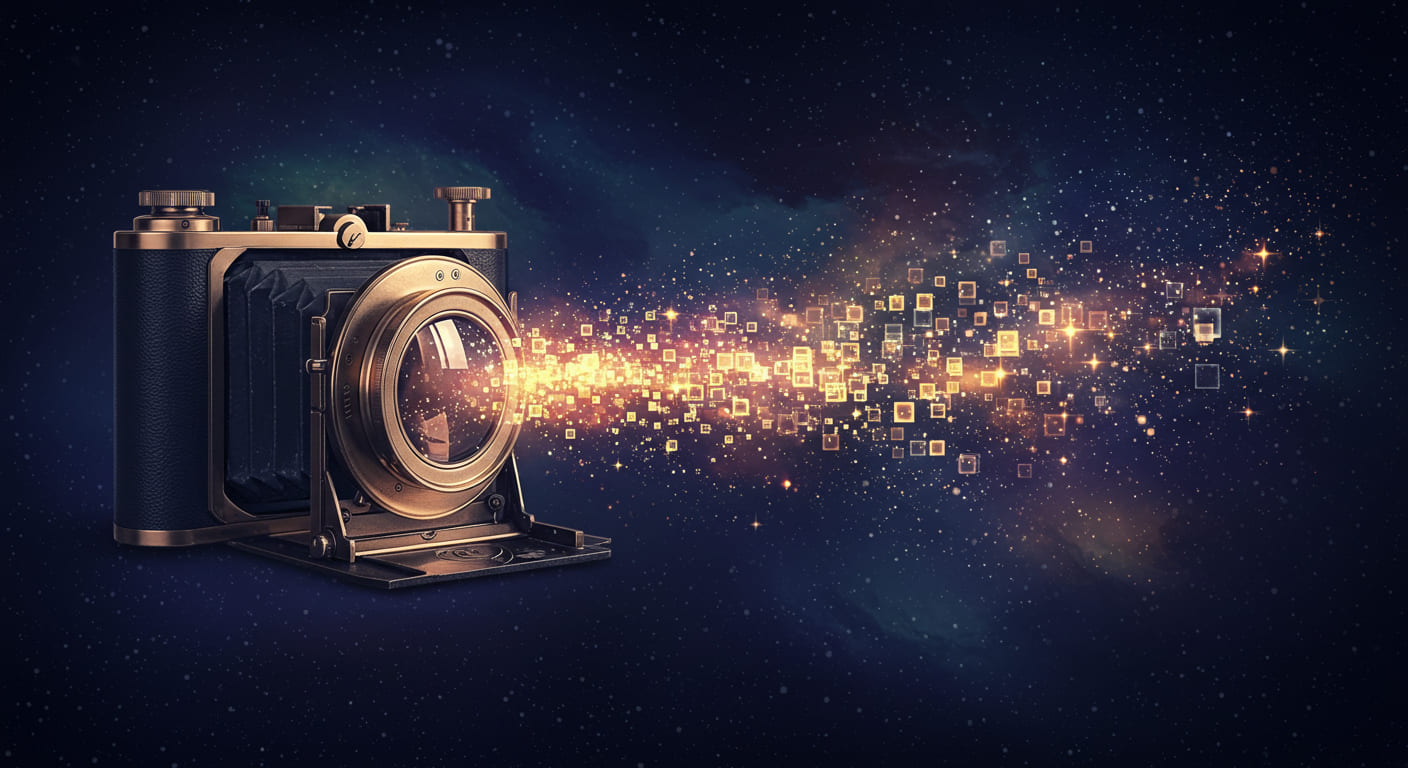 A fantastical and beautiful digital painting. In the center is a jewel-like 19th-century Daguerreotype camera, rendered with intricate and elegant details. The camera's lens is drawing in a swirling nebula of glowing light particles and stars. The light passes through the camera and emerges from the other side, transformed into a flowing ribbon of luminous, square lights that resemble digital pixels or a hologram. This visually represents the beautiful evolution from analog to digital. The background is a deep indigo or near-black cosmic space, which makes the glowing elements stand out dramatically. The overall mood is magical, magnificent, and elegant. - innovaTopia - （イノベトピア）