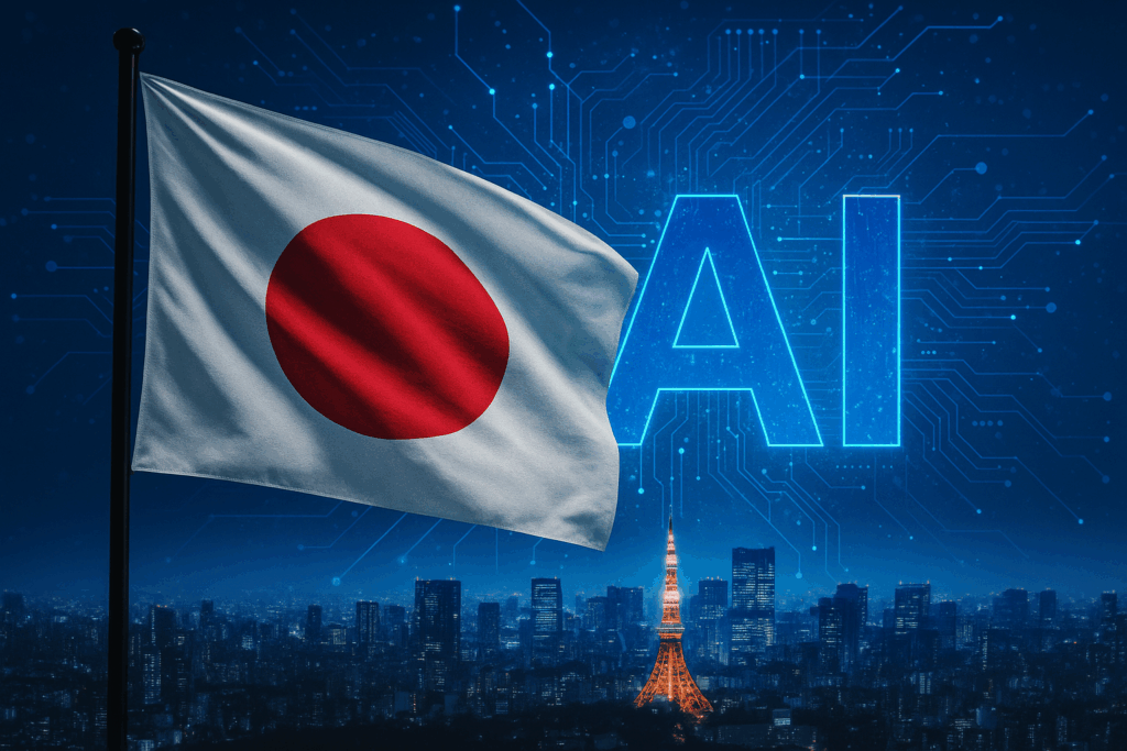 日本の国旗が夜の東京上空に掲げられ、背景に「AI」の文字が輝く。日本の人工知能国家戦略を象徴するイメージ。 - innovaTopia - （イノベトピア）
