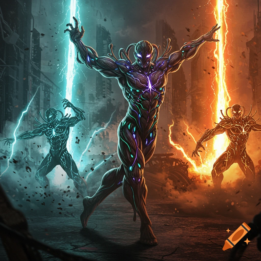 craiyon_161052_three_bio_metallic_heroes__glowing_organic_armor__pulsing_RGB_light_veins__biomechanical_texture__fu - innovaTopia - innovaTopia - (イノベトピア)
