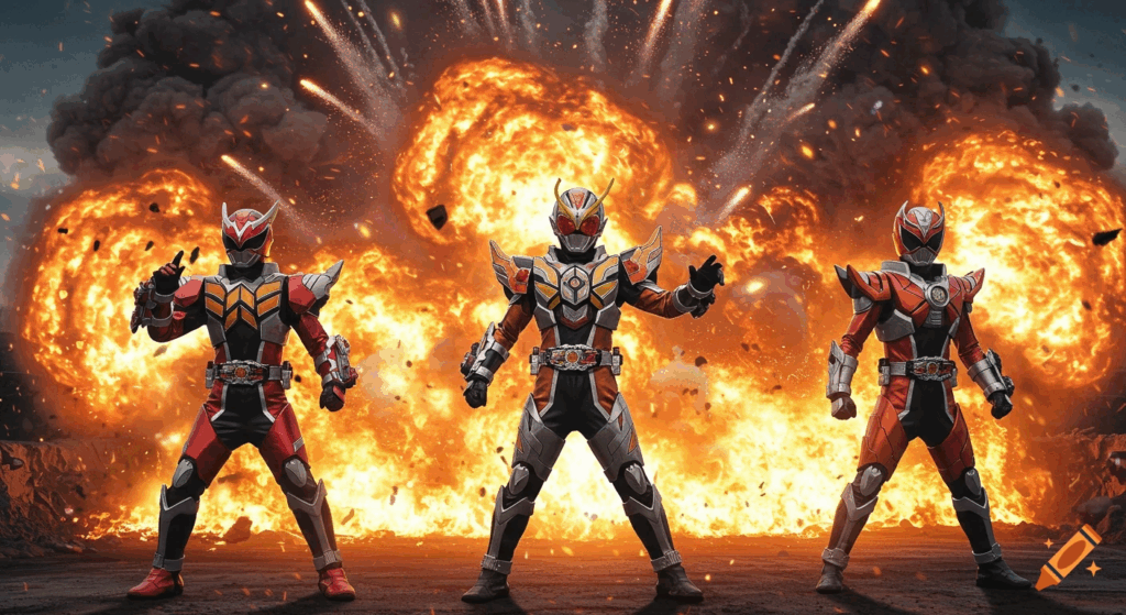 craiyon_161449_three_Japanese_tokusatsu_heroes_in_biomechanical_armor__standing_in_front_of_massive_explosions__bur - innovaTopia - innovaTopia - (イノベトピア)