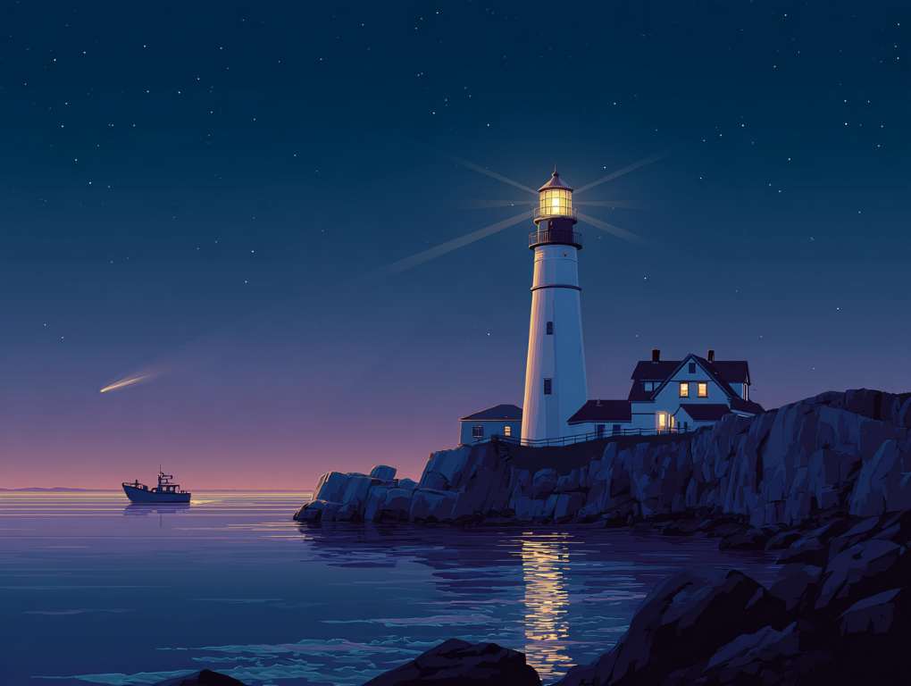 灯台下暗し - innovaTopia At dusk on a rocky cape, a lighthouse beams a crisp white LED light. Solar panels and a small remote-monitoring antenna are visible on the tower. A small fishing boat silhouette rides gentle waves below. A modest old keeper’s house hints at the past. The sky shows first stars, symbolizing technology and tradition. Clean vector style, blue-dominant palette, high contrast, with negative space at the top for headline text. - innovaTopia - (イノベトピア)