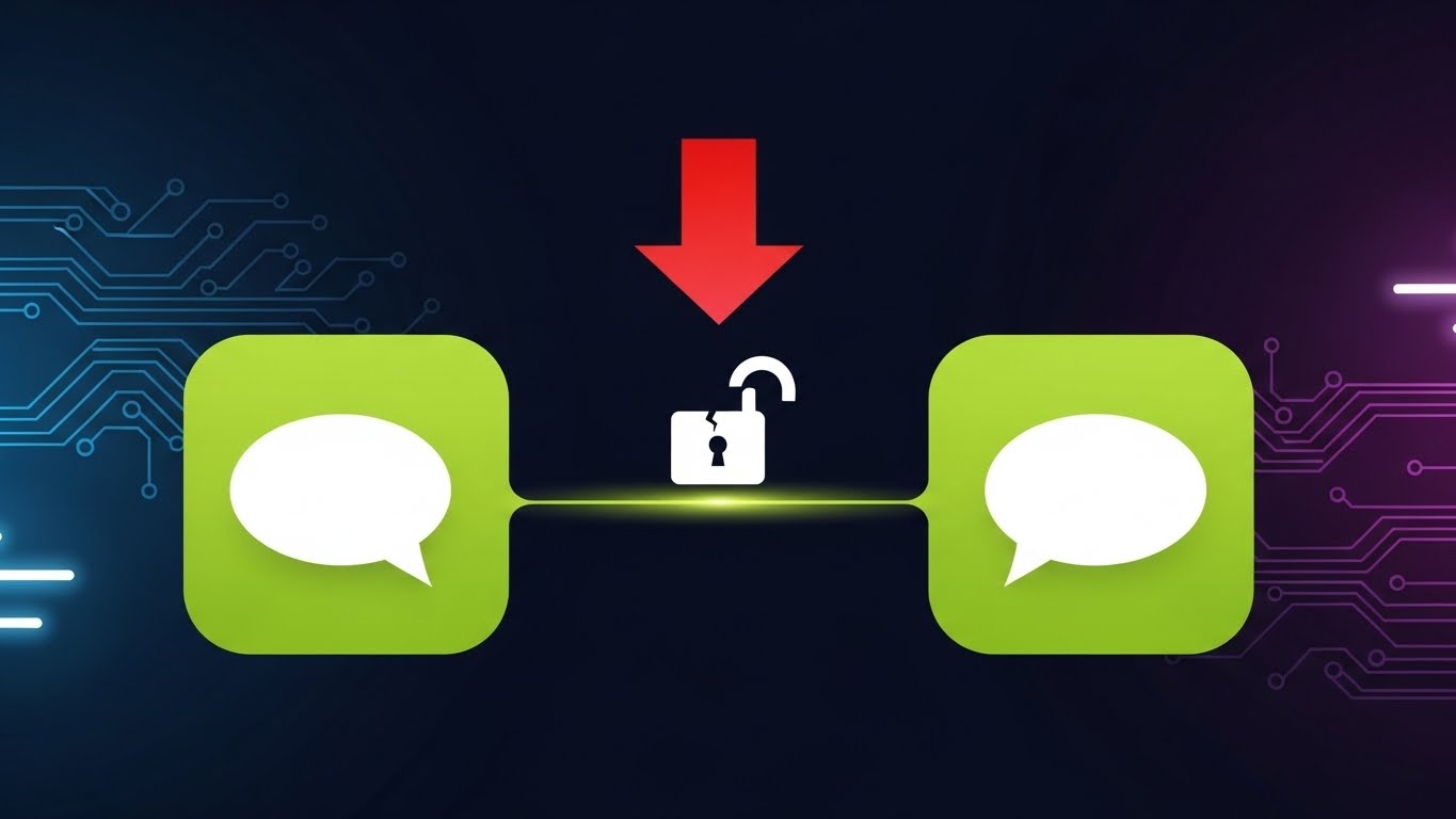 dark cypherpunk-ish background. two lime-green rounded squares on right and left, with the same white speech bubbles (no text) inside each. the squares are connected with a line with a breaking padlock icon on it, while the padlock is under a downward big red arrow. these all in a minimal style. - innovaTopia - （イノベトピア）