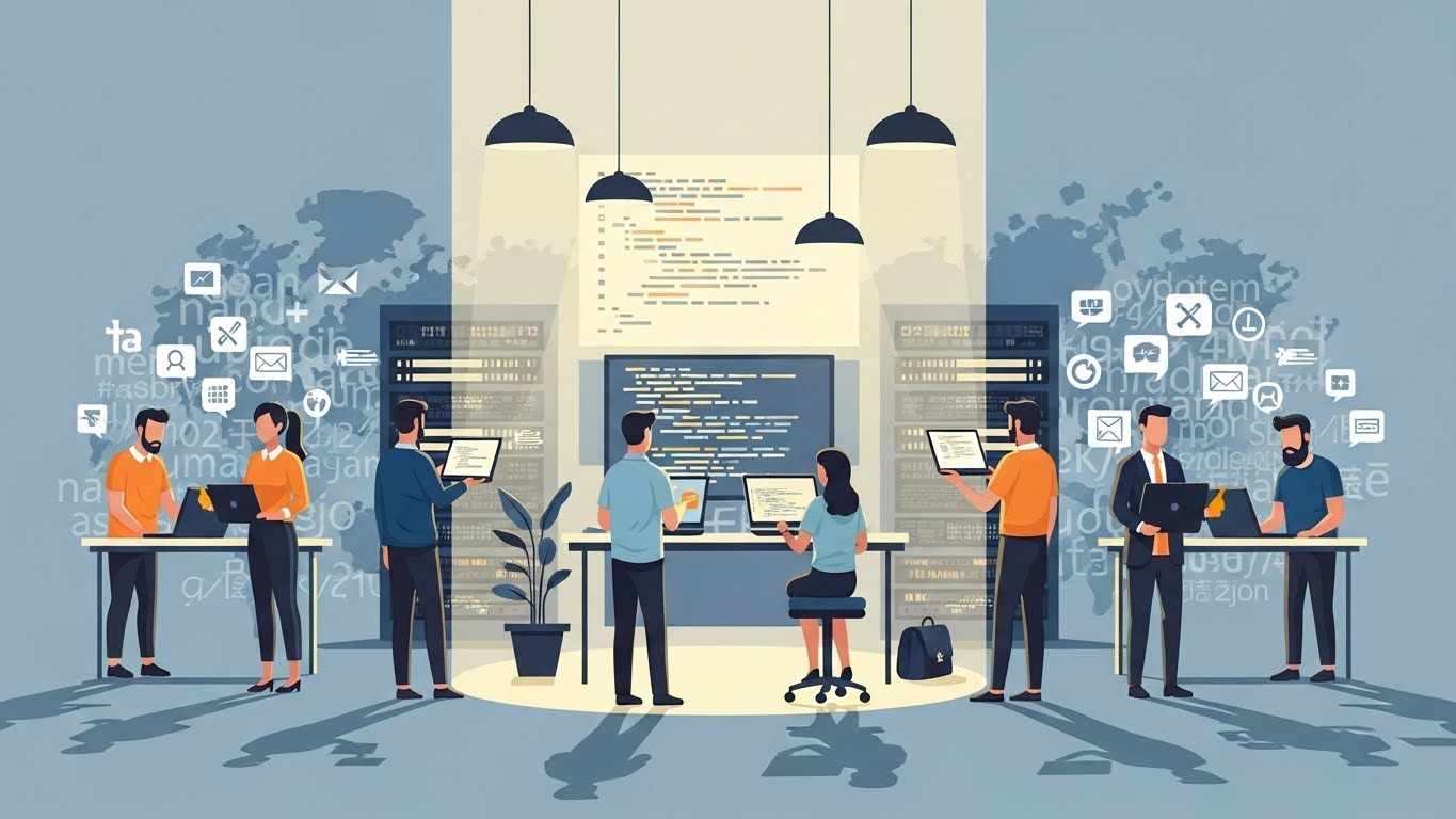 A symbolic illustration of the global IT industry, depicted as a brightly lit server room or code workspace at the center, optimized for a single language and culture, while diverse users and developers from different regions stand slightly outside the light. The “outside” figures are not shown as victims, but as capable professionals working with complex scripts, multilingual text (avoid concrete text, rendering symbolized tofus), and varied symbols, partially in shadow. The atmosphere is calm, reflective, and professional, emphasizing structural exclusion rather than conflict. Clean, modern digital illustration style, neutral color palette with soft contrasts, no national flags, no political symbols, no dramatic gestures. Focus on abstraction, technology, and global diversity rather than specific identities. flat illustration, editorial tech magazine style. - innovaTopia - （イノベトピア）