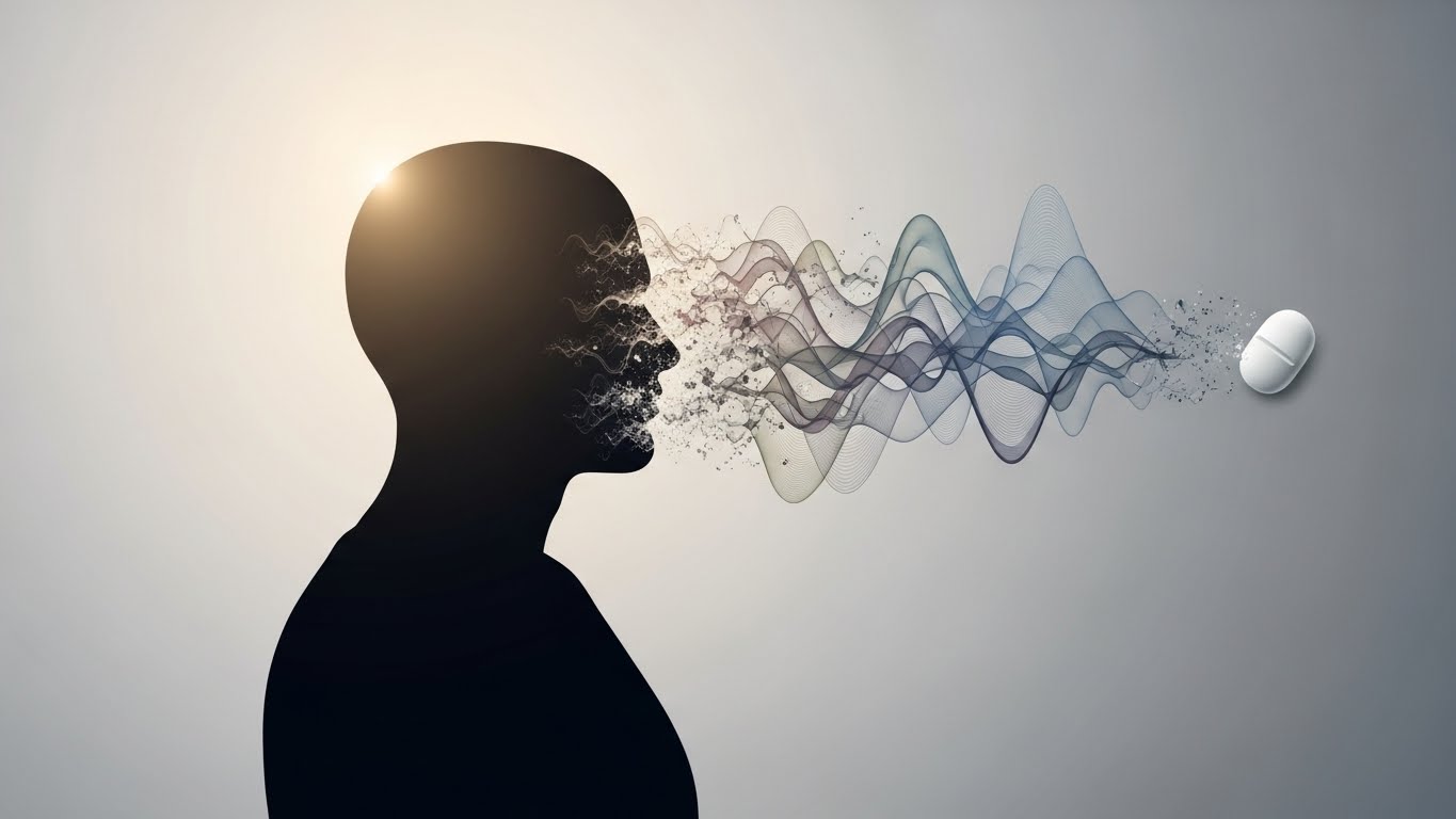 A minimalist editorial illustration showing a human silhouette with a soft glow around the head fading into shadows, a single pill dissolving into abstract shapes that resemble both pain waves and muted emotions, subdued colors, calm but unsettling mood, clean background, no text, no logos, modern science journalism style - innovaTopia - （イノベトピア）