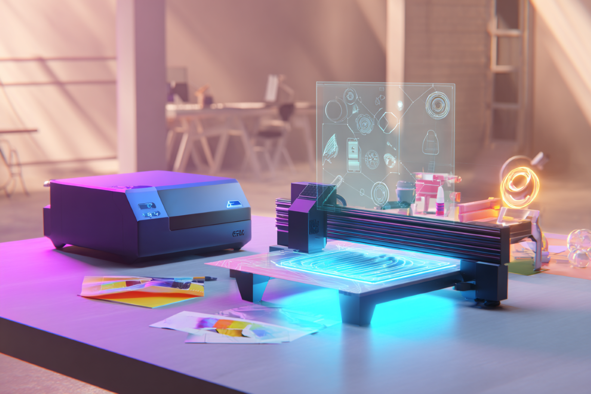 A modern, sleek desktop manufacturing scene showing a compact CO2 laser cutter on a clean workbench with glowing blue laser light cutting intricate patterns on wood. In the foreground, a holographic AI interface displays creative design suggestions floating in mid-air. Beside the laser cutter, a UV printer is printing colorful designs on various objects like phone cases and mugs. The background shows a futuristic studio environment with soft ambient lighting. Tech-forward, professional, and innovative atmosphere. Digital art style, 169 aspect ratio, warm and cool color balance. - innovaTopia - （イノベトピア）