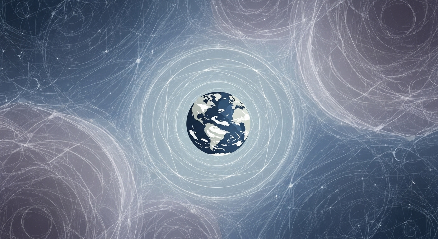 A stylized depiction of quantum fields as soft geometric patterns filling space, with Earth embedded naturally within them. No focus on catastrophe, emphasizing scale and indifference of physics. Flat design, restrained color palette, suitable for a serious science magazine.