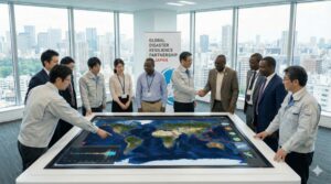 阪神・淡路大震災から30年の夜明けと防災技術の未来を描いたイメージイラスト。ドローンやソーラーパネルのある建物が希望の光に照らされている。 - innovaTopia - （イノベトピア）