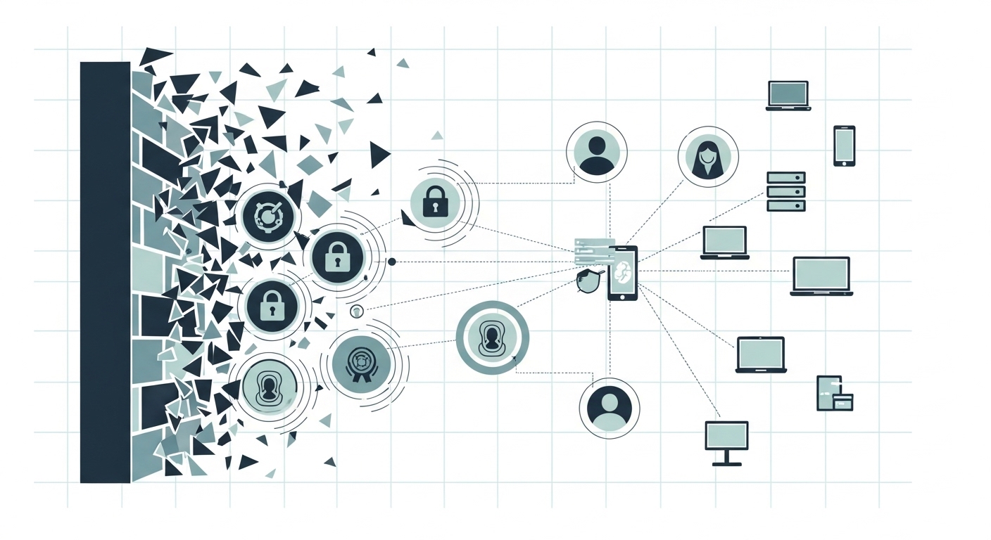 An abstract cybersecurity illustration depicting the collapse of a traditional network perimeter: broken firewall walls dissolving into smaller verification checkpoints around individual users and devices. Neutral color palette, modern vector style, suitable for a serious technology news article.