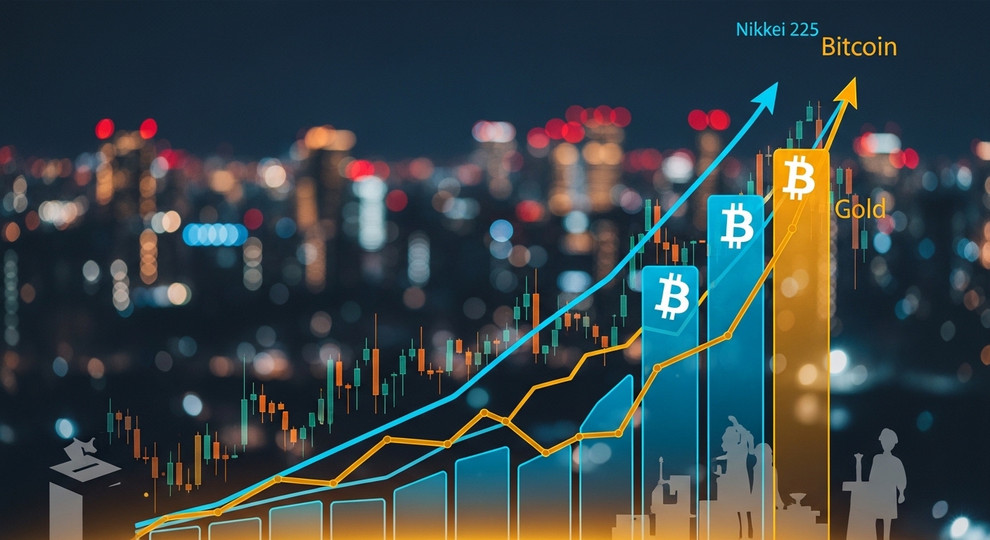 高市首相圧勝で日経平均57,000突破、ビットコイン72,000ドル・金5,000ドル超へ