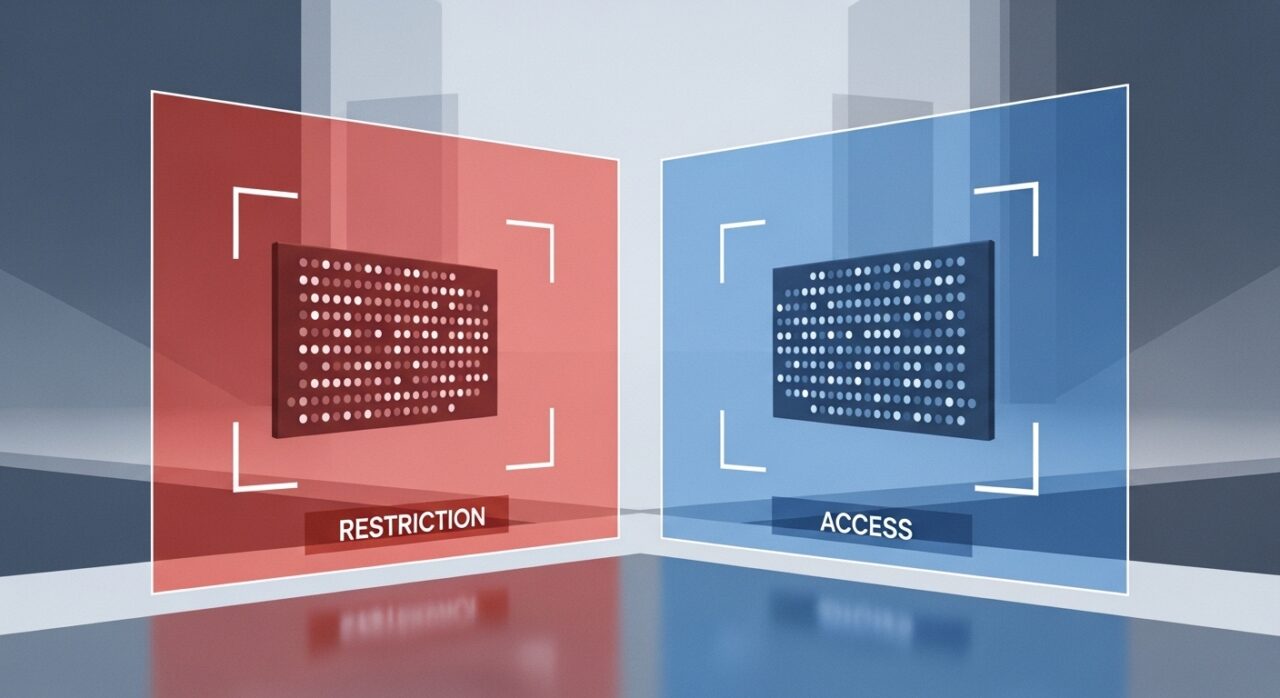 A single block of code or text displayed on a translucent screen, viewed from two opposite sides. On one side, the viewer sees the text through a red-tinted filter with a frame labeled "restriction." On the other side, through a blue-tinted filter with a frame labeled "access." The text itself is identical; only the framing differs. The environment is minimal, abstract, slightly architectural. No people. Muted palette, editorial illustration style. Wide aspect ratio.
