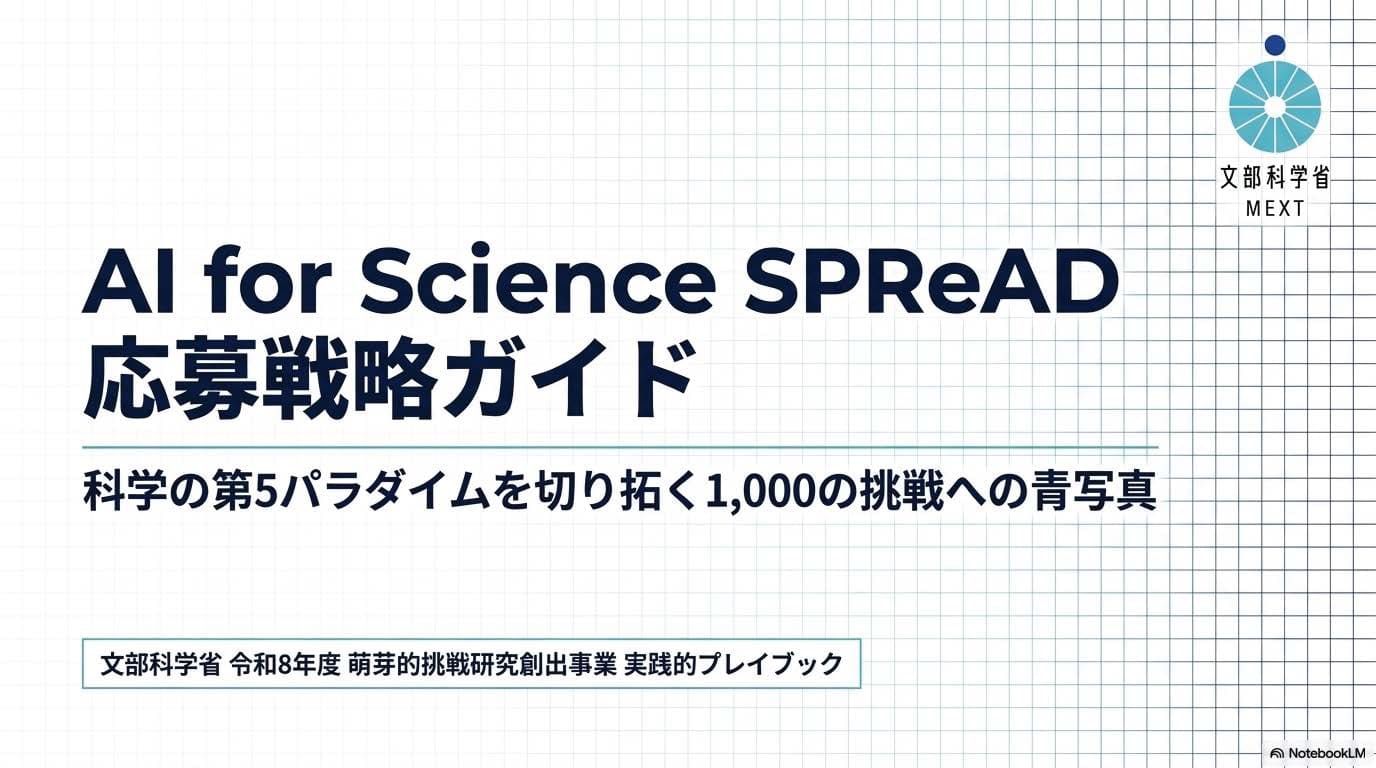 Slide cover: 'AI for Science SPREAD 応募戦略ガイド' with a Japanese subtitle, grid background, and the MEXT logo in the top-right corner.