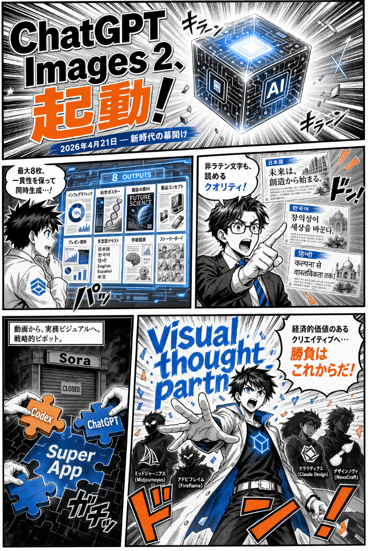 Manga cover announcing ChatGPT Images 2, featuring a glowing AI cube and bold title text.
