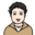 Cartoon portrait of a smiling person with dark hair wearing a brown jacket.