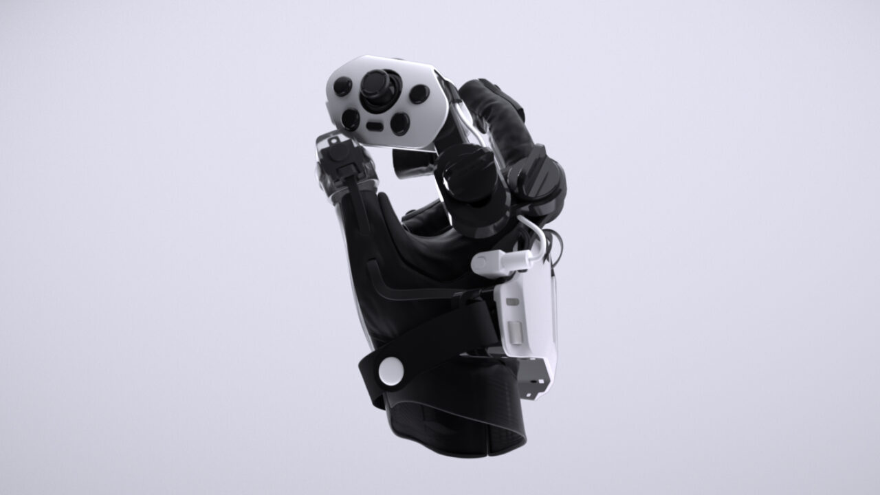 Robotic prosthetic hand gripping a small camera-like device against a pale background, showing precision handling.