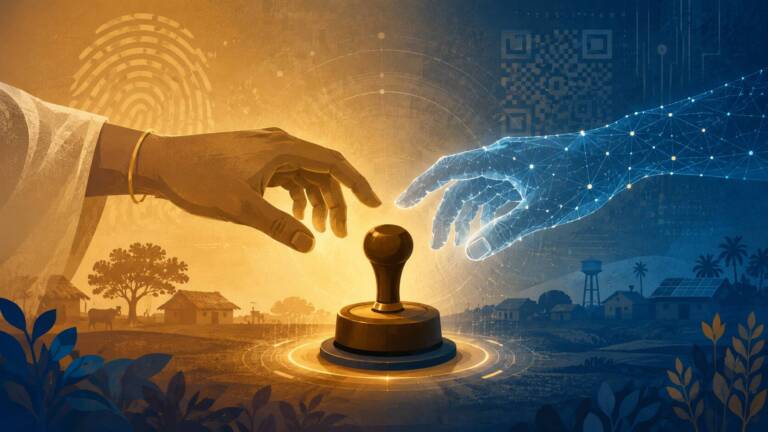 Two hands, one warm-toned and one blue digital-glow, reach toward a glowing stamp on a pedestal, symbolizing human–AI collaboration.